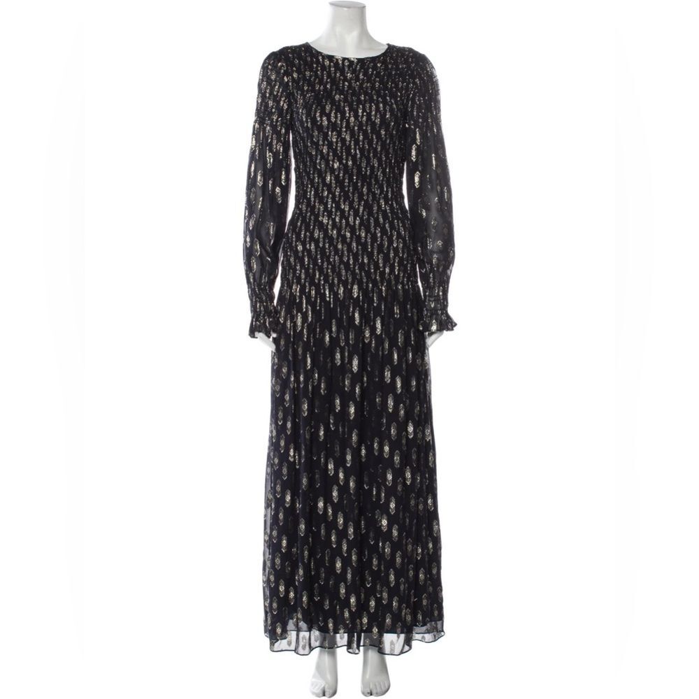 RARE NWT Loveshackfancy Navy and Gold Metallic Ikat Scarlett Silk Gown Dress